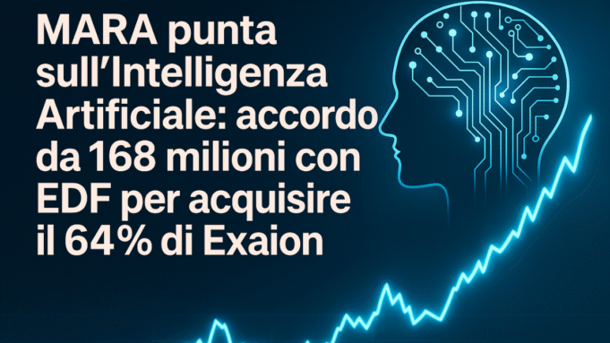 Grafico digitale che illustra l'annuncio di MARA sull'acquisizione del 64% di Exaion per 168 milioni di euro, con un profilo umano a circuiti e una linea di crescita blu su sfondo scuro.