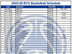 Programma stampabile di basket BYU 2025-26; Formato PDF, trasmissioni televisive
