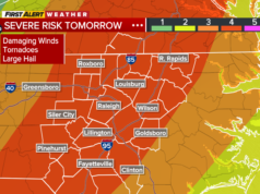 Lunedì forti tempeste e minacce di tornado colpiscono la Carolina del Nord centrale con un rischio di livello 4