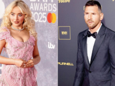 Sabrina Carpenter posa con la maglia vincitrice della Coppa del Mondo 2026 di Lionel Messi